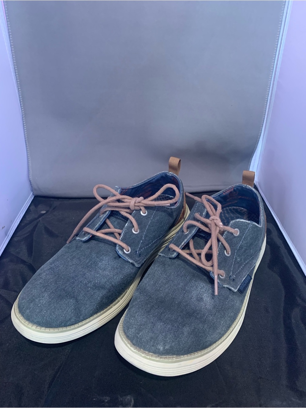 Skechers Men's Dark Denim Canvas Lace-Up Loafers with Tan Laces